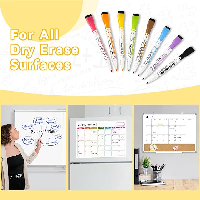 WALGLASS Dry Erase Markers, 8 Count Magnetic Whiteboard Markers with Eraser, Fine Tip For Writing on White Board, Dry Erase Calendar Board, Fridge Calendar for School Office Home - 8 Colors