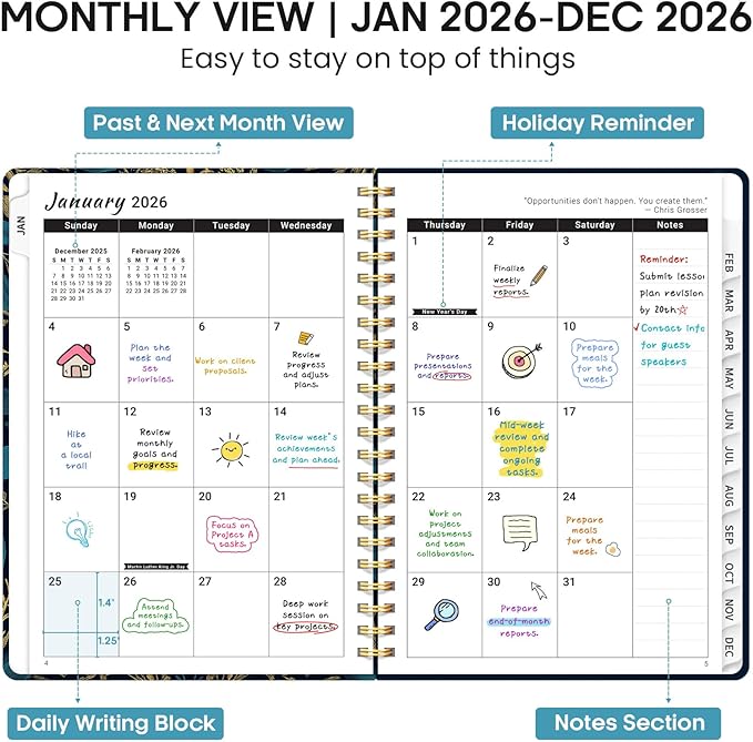 2026 Planner, Weekly and Monthly Calendar Planner Book, January 2026 - December 2026, Hardcover Spiral Planner with Monthly Tabs, Notes Pages, Perfect for Women & Men, A5 (6.4" x 8.5") - Midnight