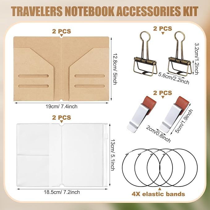 Travelers Journal Notebook Accessories Kit Include Travel Kraft File Folder, Zipper Case, Pen Holder, Binder Clip and Elastic Bands Travel Accessories Supplies(2 Pack,Passport Size)