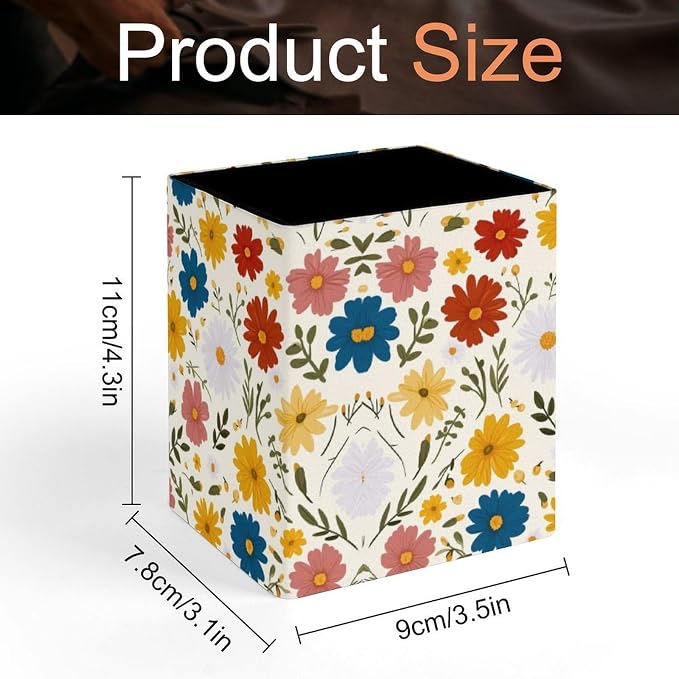 Flowers Print Square Leather Pen Holder, Minimalist Desk Organizer for Office Home School, Pencil & Stationery Storage Box, Gift for Students Teachers Colleagues