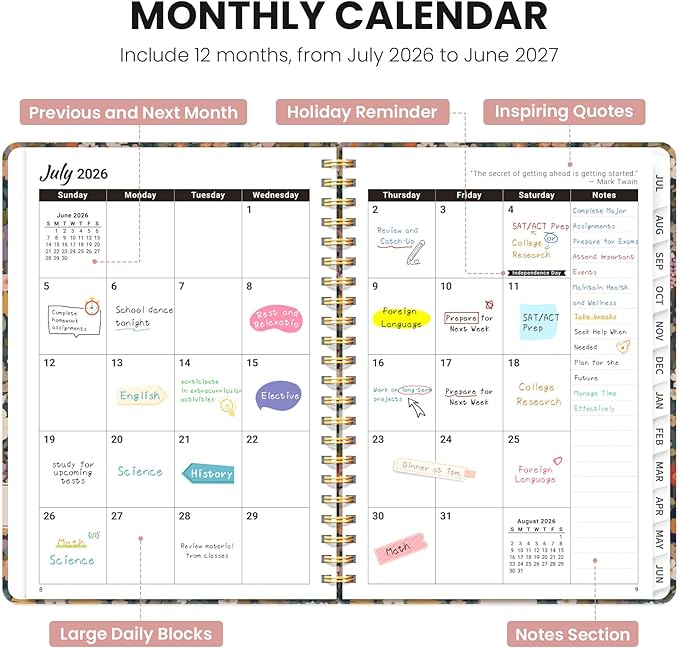 Planner 2026-2027, Monthly and Weekly Academic Planner July 2026 - June 2027, Hardcover Student Teacher Planning Agenda Calendar Book with Tabs, Perfect for Office School Supplies, A5 (6.3" x 8.5") - Garden