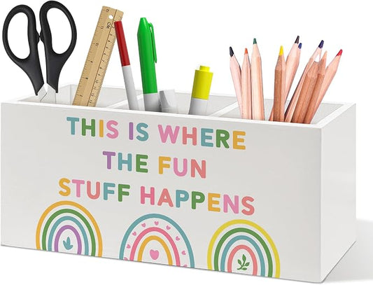 Boho Rainbow Classroom Pen Holder, Kids Pen Pencil Holder Organizer for Desk Accessories, Pastel Playroom Wooden Box Desk Decor for Kids Nursery Room Bedroom Classroom Desk Decorations