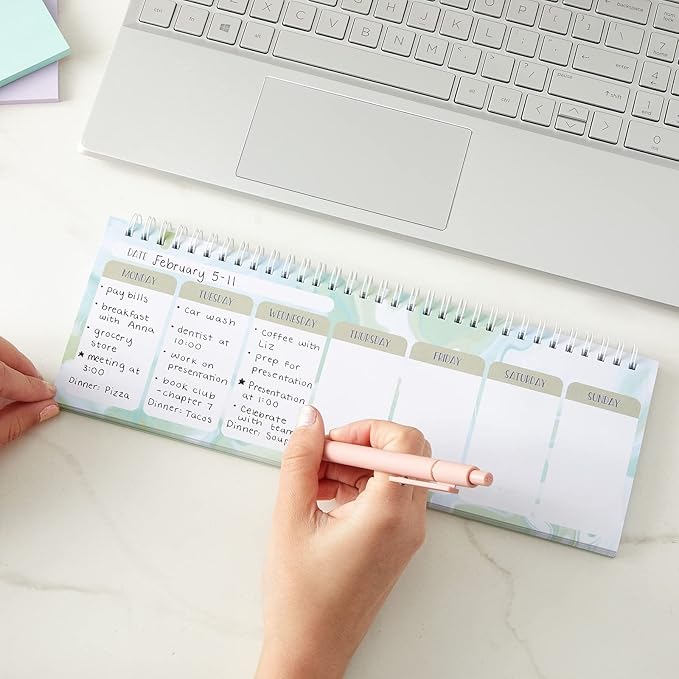 Paper Junkie Undated Weekly Planner - 11.7 x 4.1 In, Green, Spiral Bound, 52 Undated Sheets - Calendar & To Do List Notepad - Desk Planner for Teacher Supplies & Office Organization