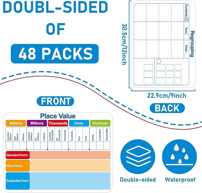 48Pcs Place Value Double Sided Cardboard for Students Dry Erase Sheets Billions to Decimal Numbers Whiteboard Math Regroups Manipulatives Supplies for Teacher Teaching Tool Portable Learning 12" x 9"