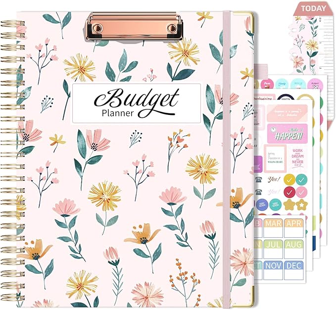 Ospelelf Budget Book Planner 8.5"x11" Large Size Undated Monthly Bill Payment Tracker Organizer Account Financial Planners with Clipboard Pockets Stickers 12 Months Productivity Aesthetic Pink Flowers