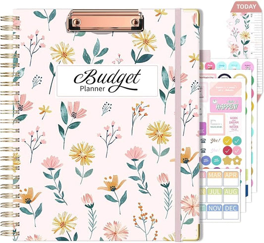 Ospelelf Budget Book Planner 8.5"x11" Large Size Undated Monthly Bill Payment Tracker Organizer Account Financial Planners with Clipboard Pockets Stickers 12 Months Productivity Aesthetic Pink Flowers