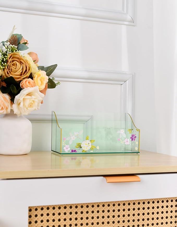 Papyrus Acrylic Mail Organizer – Green Aqua Desk Organizer with Double Sided Floral Prints – Small Letter Holder for Mail, Bills, Cards, and More – Desktop Stationary Organizer – Office Supplies