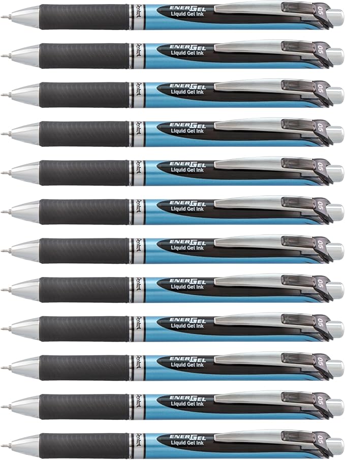Pentel® EnerGel™ Deluxe RTX Retractable Liquid Gel Pens, Fine Point, 0.5 mm, 54% Recycled, Blue Barrel, Black Ink, Pack Of 12 Pens