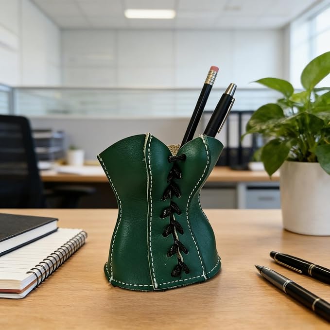 Faux Leather Lace-Up Corset Pencil Holder – Gothic Y2K Desk Pen Cup Makeup Brush Organizer Mini Storage for Home Office, Green