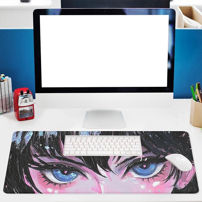 Anime Eyes Desk Pad Mouse Pad Blue Sparkle Oil Brush Art Extended Gaming Mousepad Mat with Stitched Edge Non-Slip Base Big Mousepad Office Home Decor for Women Girl 31.5"x11.8"