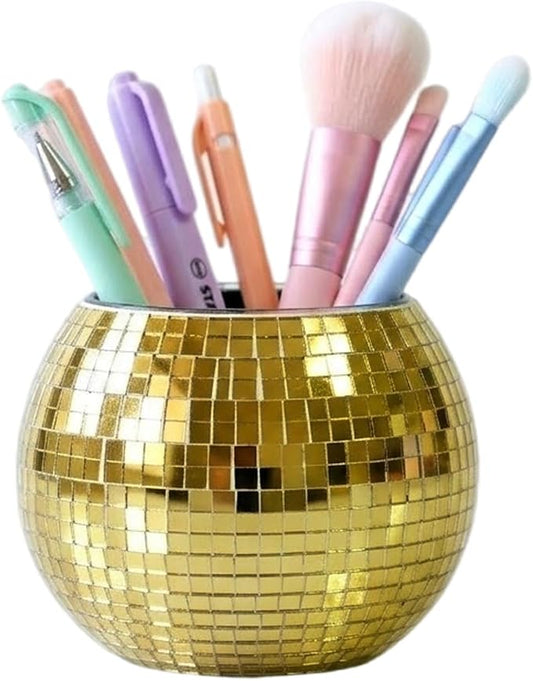 Disco Ball Pencil Holder for Desk - Cute Office Decor & Makeup Brush Organizer, 4.7 Inch Sparkly Glass Pen Cup, Fun Desk Accessories for Women (GOLD)