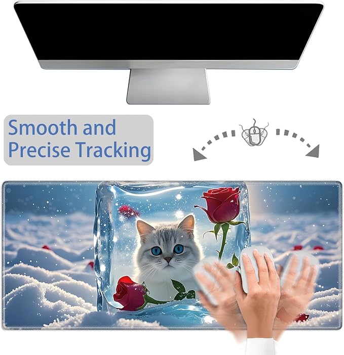 Mouse Pad Gaming Mousepad 31.5x11.8 Inch XXL Large + Coasters,Desk Mat with Stitched Edges, Non-Slip Rubber Base, Thick Mouse Pad for Computer, Laptop, Office & Home - Ice Cube Rose Cat