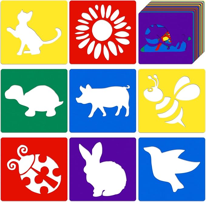 24 PCS Drawing Stencils, 8 Inch Sidewalk Chalk Stencils Painting, Outside Reusable Drawing Stencil, Large Washable Animal Garden Themed Primary Shape Template for Learning Painting DIY Craft