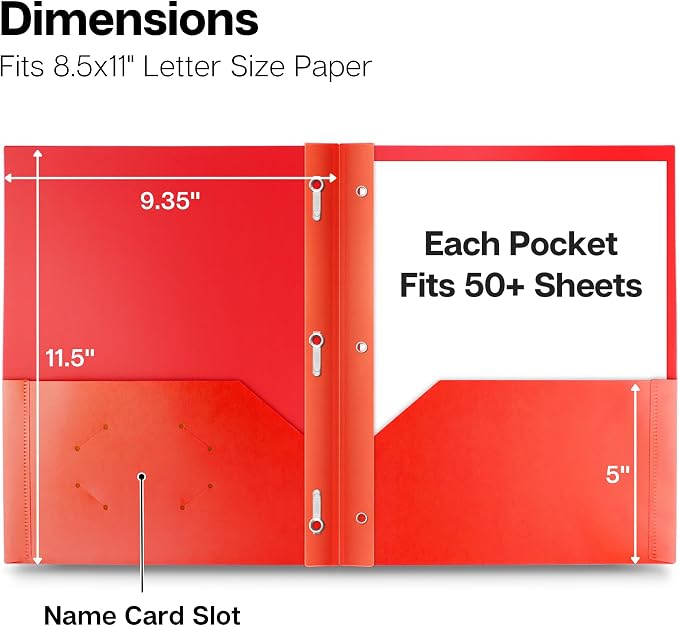 Dunwell Plastic Folders with 3 Prongs, (12 Pack, Red), 2-Pocket Folders with Fasteners, Durable Acid-Free Poly for Long Term Use, Labels Included