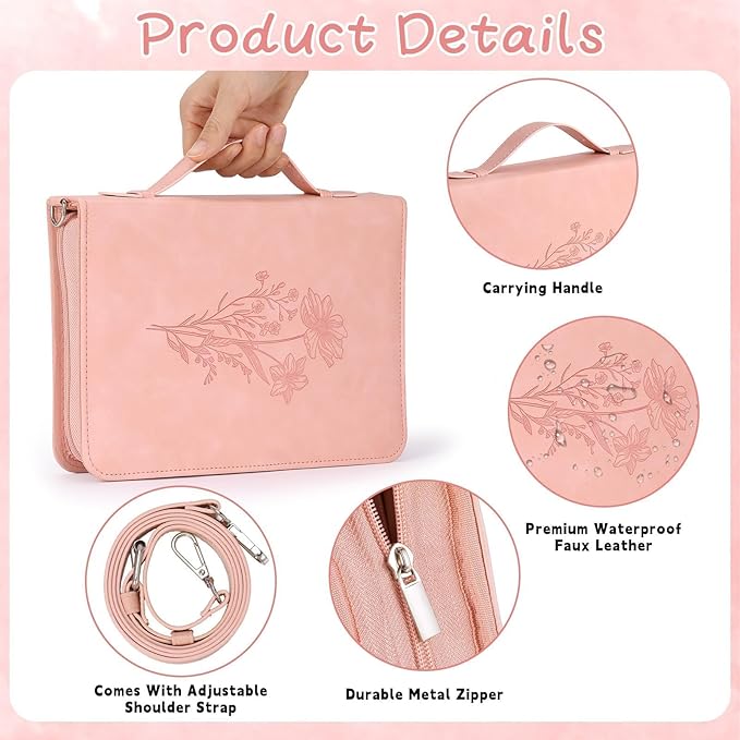 19PCS Floral Pink Leather Bible Cover for Women Bible Cover Cases for Teen Girls Christmas Gift Christian Bags Journaling Kit with Shoulder Strap Highlighter Pens & Book Marker 10.47 * 7.48 * 2.17in