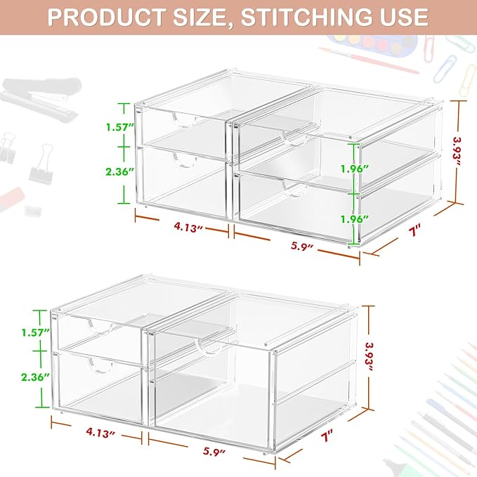 caktraie 2 Pack Desk Organizers, Makeup Organizer Storage with 7 Drawers, Desktop Office Supplies, Clear Desk Accessories, Dustproof Drawer Organizer and Storage for Make Up, Jewelry, Pen