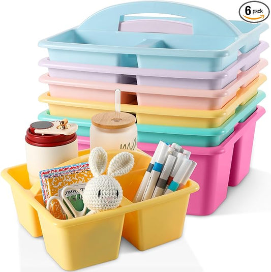 6 Pack 3 Compartment Small Caddy Plastic Classroom Organizer with Handle Portable Teacher Supply Storage Caddy Craft Art Caddies for Pencil, Crayon, Marker, Home, Office, School Supplies(Pastel)