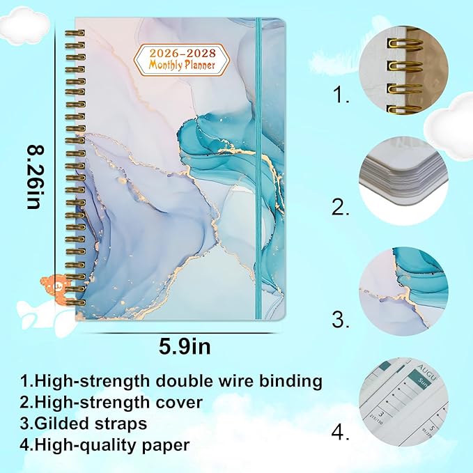 2026-2028 Monthly Planner/Calendar - 3 Year Monthly Planner 2026-2028, January 2026 - December 2028, Academic Weekly Organizer with Twin-Wire Binding for Students and Teachers (Light Green Marble)