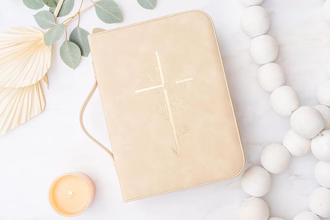 Bible Cover Case for Women – PU Leather Large Bible Case with Minimalist Debossed Design – Christian Bible Accessories for Girls & Women (Beige/Gold)