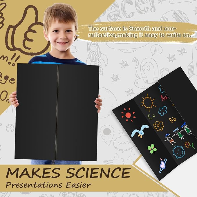 PSHVYM 4 Pcs Black Trifold Poster Board, 26 x 17 inches Poster Board with Double Sided Tapes and Cardboard, Corrugated Presentation/Display Board for School Project, Science Fair, Business