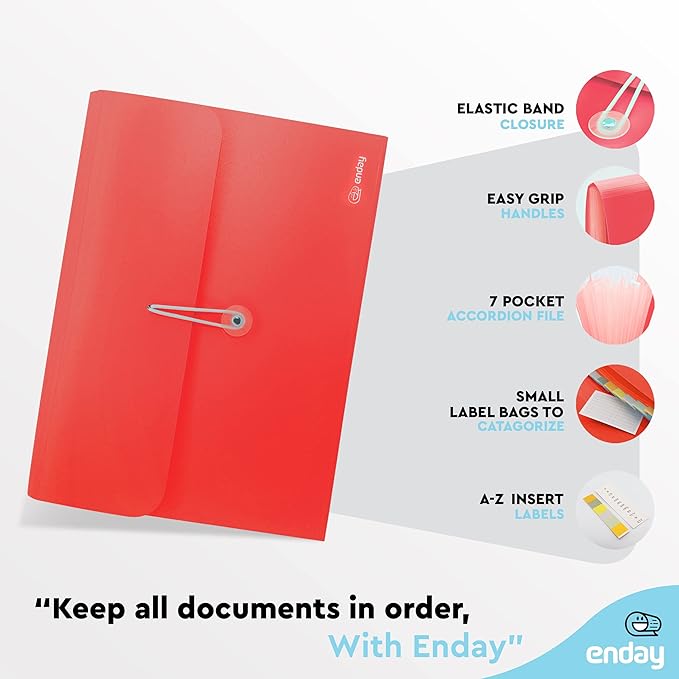 Accordion File Organizer Red, 7 Pocket Expanding File and Cover Folder with Labels, Plastic Portable Desktop Letter A4 Paper, Also Available in Purple, Green, Pink, Blue, Grey, 1 Pc – By Enday