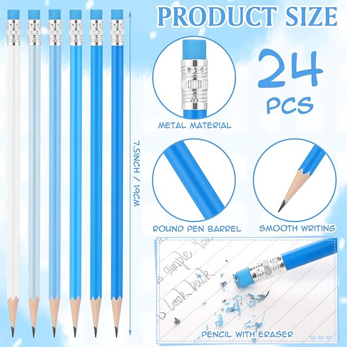 24 Pcs Round Pencils with Eraser 2 HB Cute Pencils Bulk for School Graphite Wood Color Unsharpened Pencil for Drawing Sketching Wedding School Teacher Supplies Student Reward(Blue)
