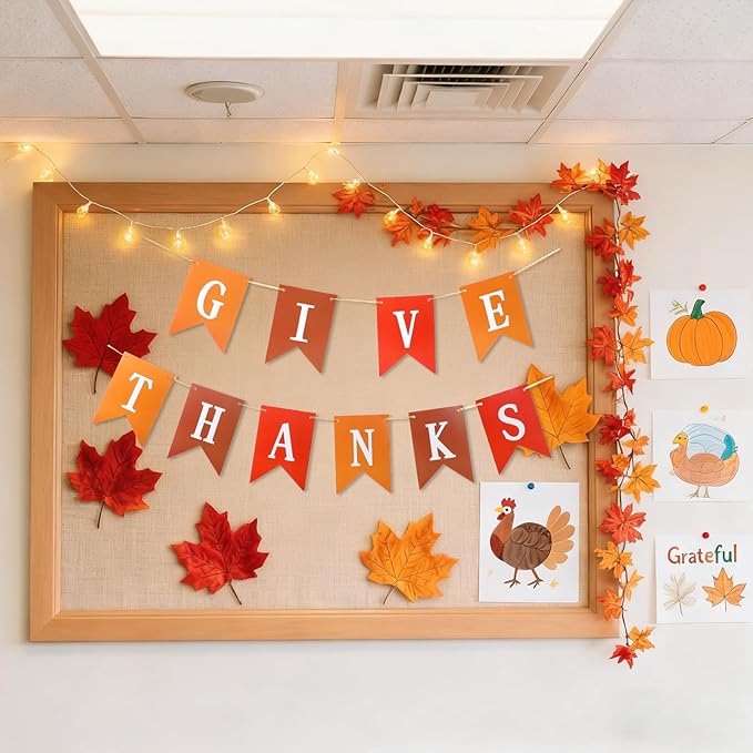 Thanksgiving Classroom Tree Bulletin Board Set Fall DIY 3D Kraft Craft Cardboard Tree with Simulated Maple Leaves Thanks Giving Banner Wall Decor for Autumn Rustic School Elementary Teacher Chalkboard
