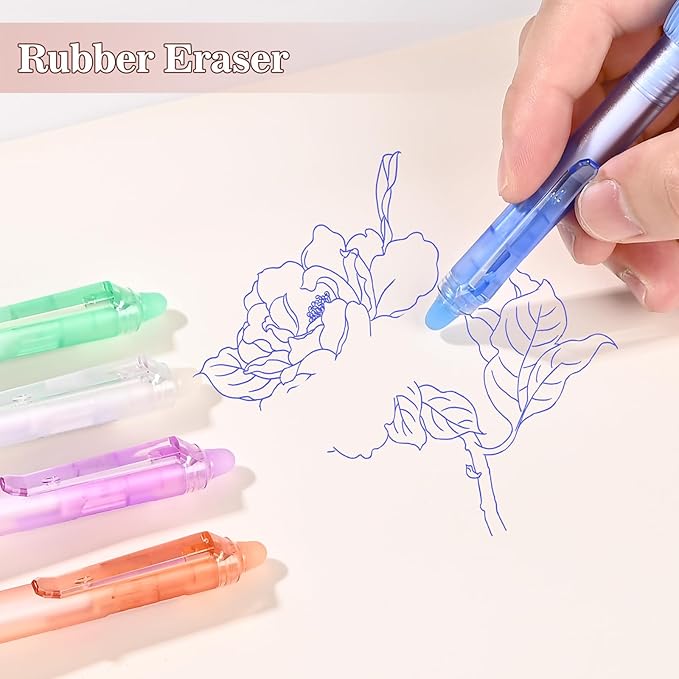BAYTORY 5 Pcs Erasable Gel Pens, Fine Point 0.5mm Blue Ink Erasable Pen with 10 Refills, Comfort Grip Writing Pens with Erasers, for Office School & Home Supplies (Blue Ink)