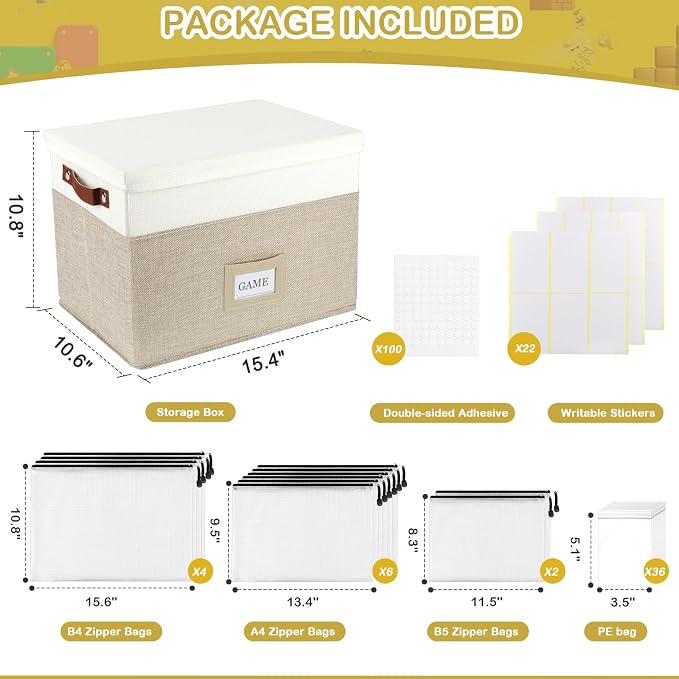 Board Game Storage, Board Game Organizer with 12pcs Zipper Bags and Writable Stickers, Board Organizers Storage with Lid for Office Supplies, Puzzles, Video Game, Craft Product,Beige