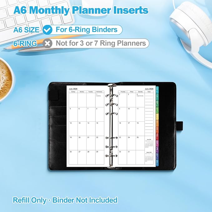 2026-2029 Monthly Planner Refills: 36 Months A6 Planner Inserts for 6-Ring Binder, July 2026 - June 2029, 6-Hole Punched A6 Binder Inserts, Calendar Inserts with Monthly Tabs, 3-3/4" x 6-3/4"