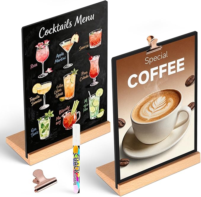 Tabletop Chalkboard with Wood Stand - 2 Pack, 6 x 8 Inch Double Sided Blackboard Food Signs Menu Message Boards for Coffee Bar, Lemonade Stand, Party Decoration - Slant Back