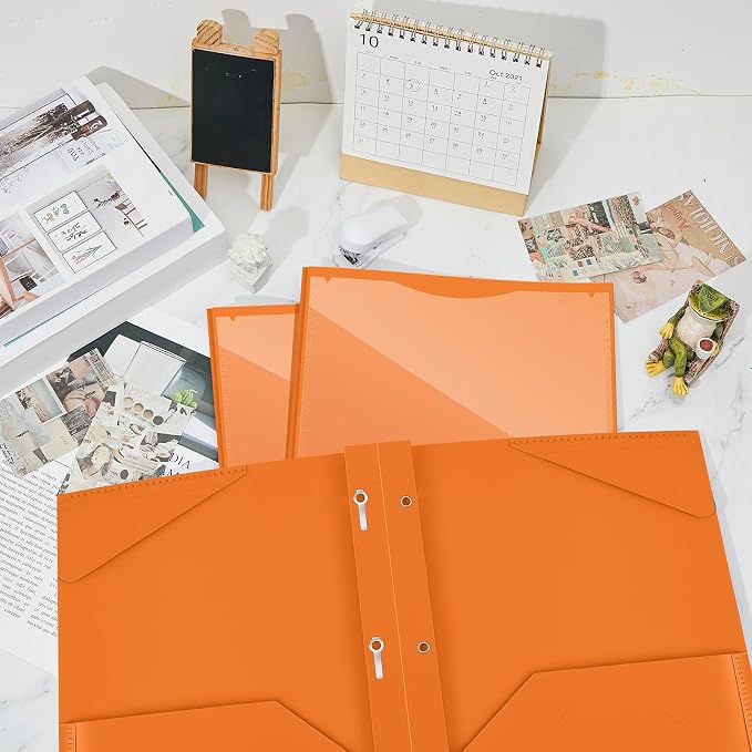 Henoyso 72 Pcs Plastic Folder with Clear Front Pocket and 3 Prong Plastic Folders with Card Slot Pocket Folders with Prongs for School Office (Orange)