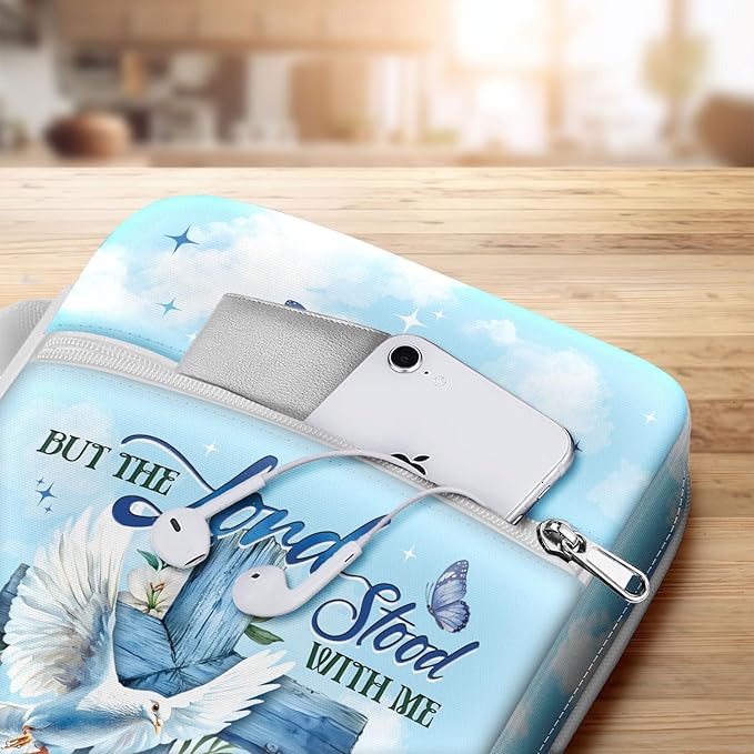 Bible Cover for Women with Handle, Canvas Scripture Case with Zipper Pocket, Inspirational and Butterfly Design, Christian Gift for Ladies, Church Bible Study Bag