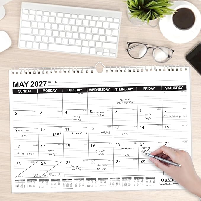 OuMuaMua Wall Calendar 2026-2027, 19 Months Academic Calendar 17" × 11.5" Hanging Planner from Jun. 2026 to Dec. 2027 with Julian Date, Ruled Blocks for Office Home Planning & Organizing