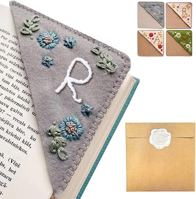 Personalized Hand Embroidered Corner Bookmark, 26 Letters Hand Stitched Felt Corner Letter Bookmark, Cute Flower Embroidery Bookmarks for Book Reading Lovers Meaningful Gift (Winter, R)