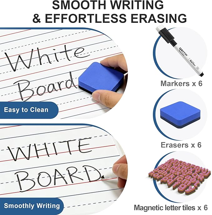 Magnetic Dry Erase Boards, 6 Pack 9”x12” Double Sided Portable Personal Small Whiteboards with Lines, Include 6 Markers, 6 Erasers, 6 X 52 Foam Letters for Kids, Students, Teachers Classroom School
