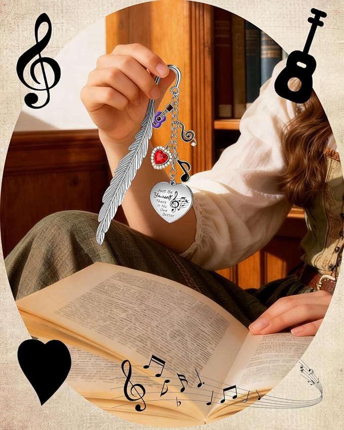 Buleens Bookmarks for Women Reading - Book Marks for Readers Book Lovers, Feather Music Guitar Purple Personalized Metal Bookmark with Pendants, Pretty and Aesthetic Book Accessories Reading Gifts