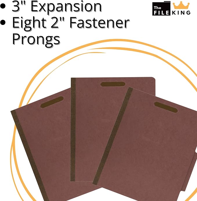 The File King Three Divider Pressboard Classification Carnelia Red File Folder - Letter Size | Box of 10 | 2/5 ROC Top Tab | 3” Expansion | Eight 2-Inch Fastener Prongs | USA Made