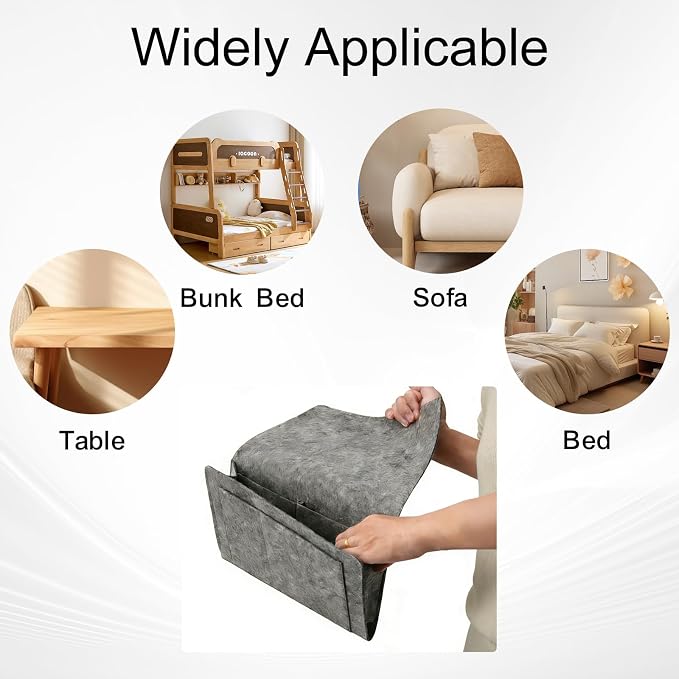 2Pcs Bedside Pocket Storage Holder, Felt Hanging Bed Caddy Organiser Bag, Sofa Bunk Beds Organizer for Mobile Phone, iPad, Remote Control, Books, Glasses, Magazine (Gray and Beige)