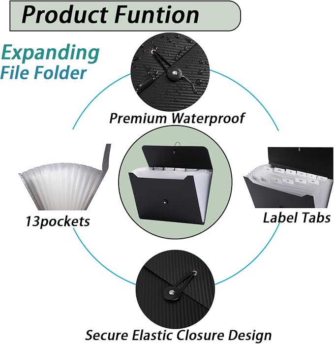A4 Paper Document Organizer Expanding File Folder with 13 Pockets Accordion File Holder with Tabs for Home School Office, Black Plastic Material