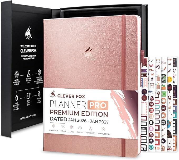 Clever Fox Planner PRO Premium Jan 2026-Jan 2027 – Luxurious Weekly, Monthly & Budget Agenda Organizer for Productivity & Reaching Goals, A4 Hardcover + Keepsake Box – Rose Gold