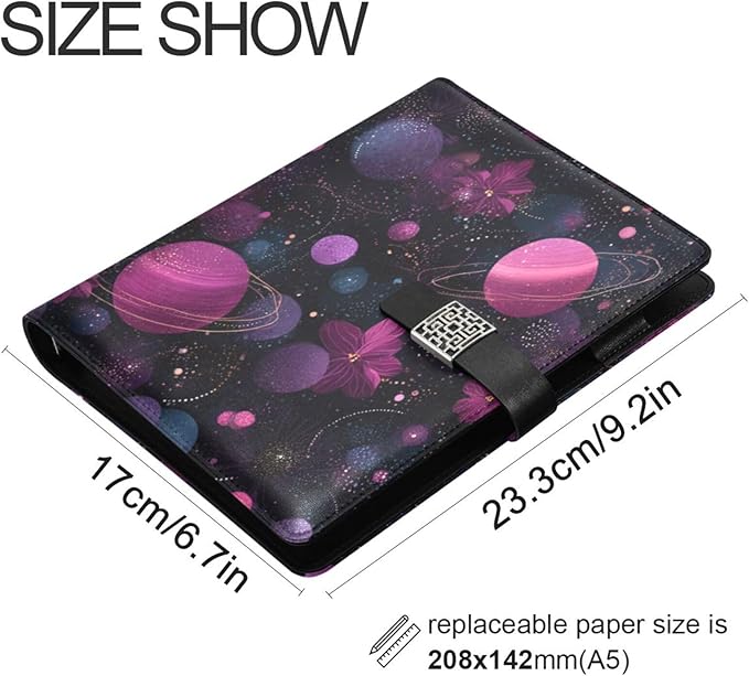 Cosmic Floral Planetary Design PU Leather Notebook A5 Binder 6 Ring Refillable Journal with Magnetic Buckle Closure Loose Leaf Travel Office Planner Budget Binder Notepad Portfolio,