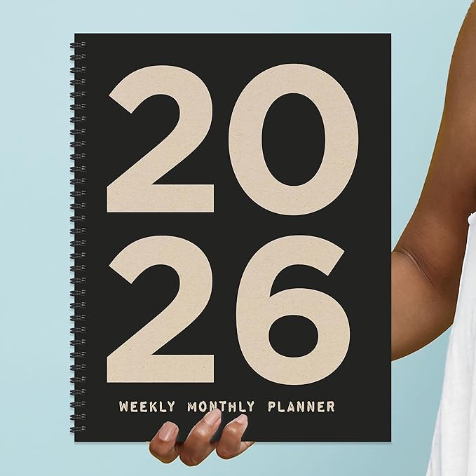 TF Publishing 2026 Burnt Black Large Weekly Monthly Planner with 12-Month Calendar Grid, Goals and Task Trackers, Priority List Section and Stickers - Large Planner for School or Work - 9in x 11in