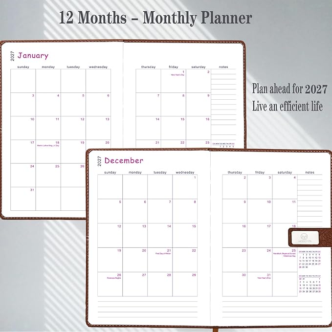 2027 Daily Planner - One Page per Day, 2027 Hourly Daily Calendar(Jan-Dec 2027), 5.7" x 8.26" Appointment Book, Leather Cover + Thick Paper (Grey)