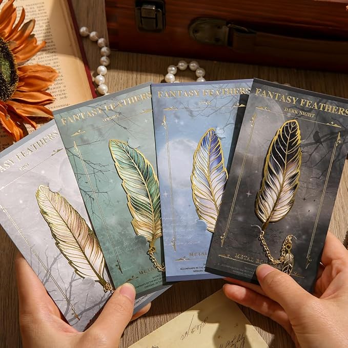 icceemee 4pcs Metal Feather Bookmarks with Bookmarks for Women, Writers, Readers Durable Book Markers Book Accessories Unique Gifts for Men, Women