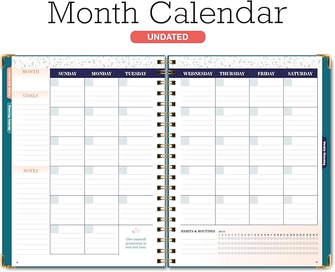 Undated Family Planner Organizer – 8.5" x 11" Weekly & Monthly Calendar for 5+ People, Meal Planning, Budgeting, Habit Tracker – Hardcover, Household Schedule Organizer for Parents, Kids, & Caregivers (Teal Floral)