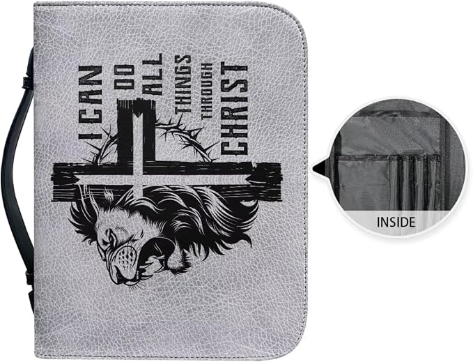 Vintage Cross and Lion Bible Case with Bookmark Waterproof Bible Cover Case for Women Lightweight Bible Bag with Handle Pockets Church Book Bag Grey