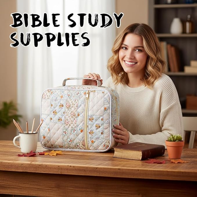Kosuke Large Quilted Bible Cover Case for Women Girls,Bible Tote Bag Durable Bible Carrying Case with Handle for Bible Study & Christian Gifts (Spliced Flower with Bible Study Supplies)