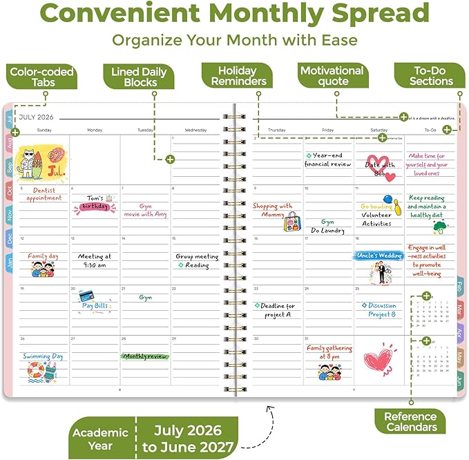 Vinspire 2026 Planner - Yearly, Monthly, and Weekly Planner 2026-2027 for Teachers & Students - Spiral US Academic Year Student Calendar Planners with Notes Pages 2026 Planner Weekly and Monthly - Large (Pink, 8.5"×11")
