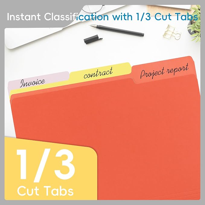 100 Packs Colored File Folders,1/3 Cut Tabs File Folder,Assorted 6 Colors Filing Folder,Manila File Folders,Two-Tone File Folder for Office School Business